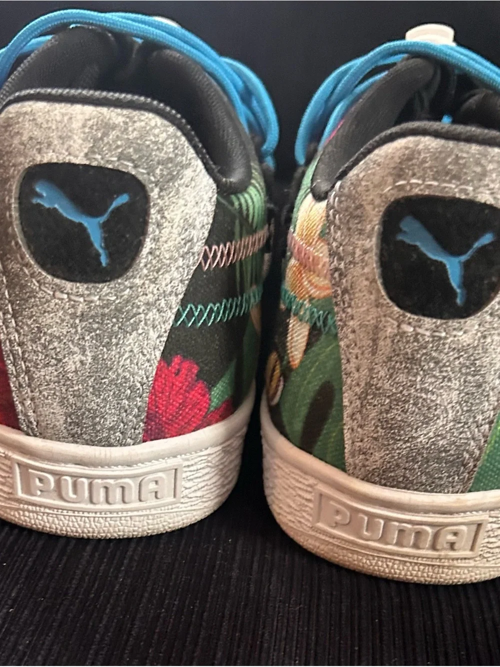 Puma Black Floral Sneakers with Bright Blue Laces